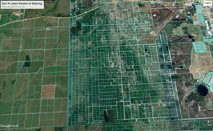 Aerial satellite map view of Sun N Lakes Estates in Sebring, showing a large grid of green and brown plots with roads and surrounding land. Text overlays include &