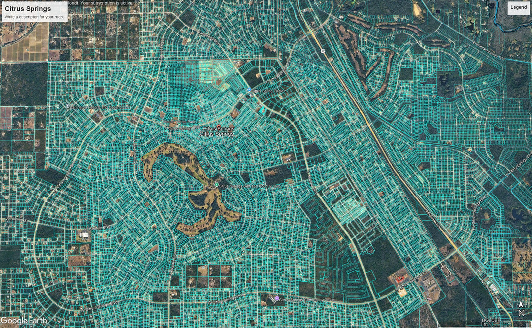 Aerial satellite map view of Citrus Springs showing a detailed grid of streets, houses, roads, and green areas.