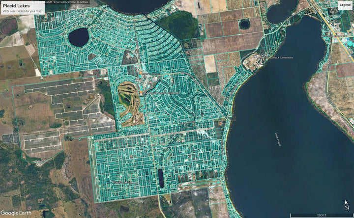 Aerial satellite view of Placid Lakes showing a grid of residential neighborhoods, fields, and dark blue lakes, with Google Earth interface elements visible.