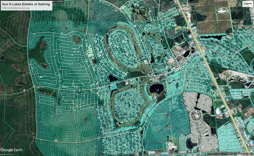 Satellite view of Sun N Lakes Estates in Sebring, Florida, showing a detailed aerial map of a residential subdivision with green trees, roads, and water features. Google Earth branding is visible in the bottom-left corner.