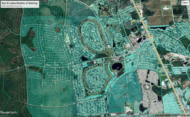 Satellite view of Sun N Lakes Estates in Sebring, Florida, showing a detailed aerial map of a residential subdivision with green trees, roads, and water features. Google Earth branding is visible in the bottom-left corner.